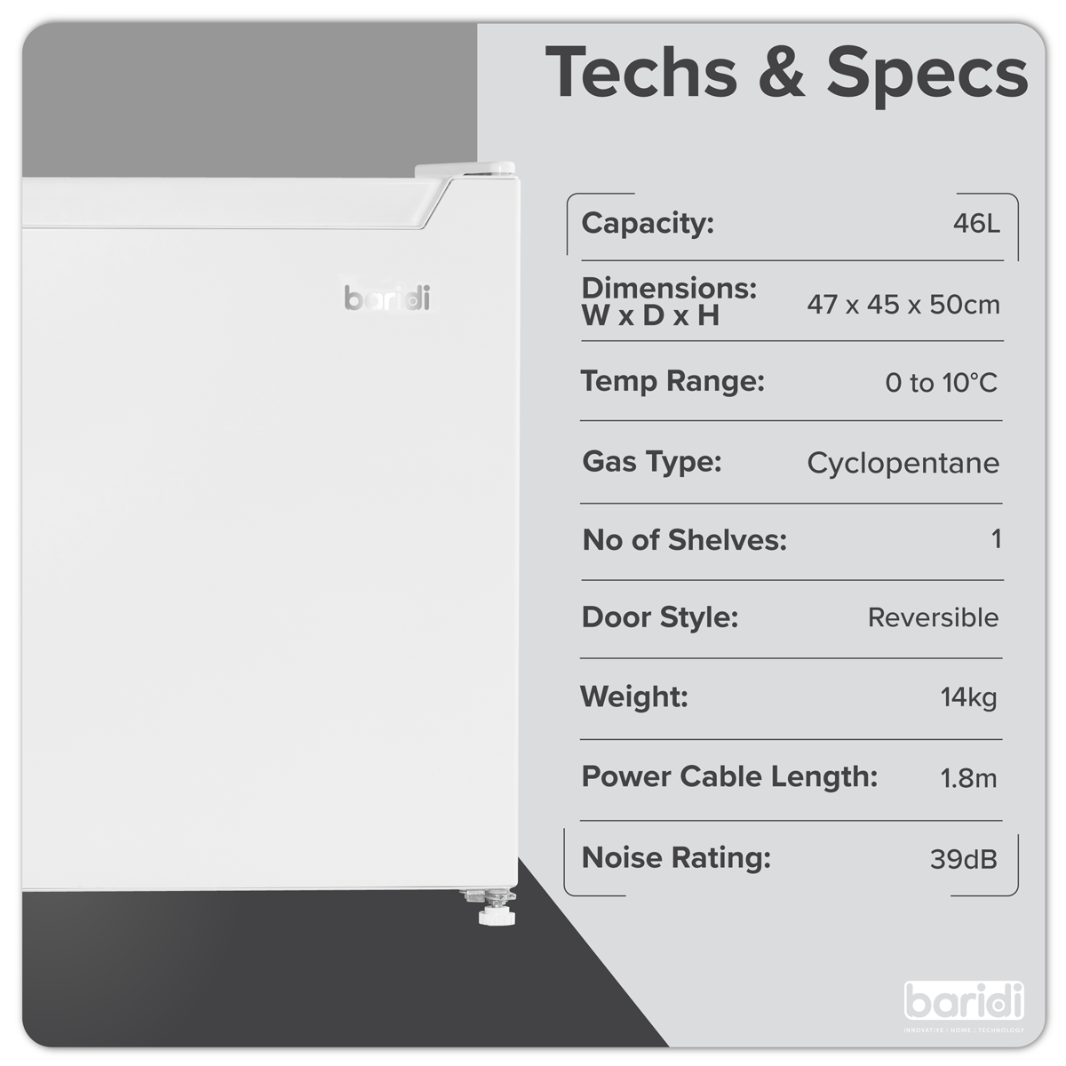 Baridi DH256 Baridi Tabletop Fridge with Ice Box, 46L Capacity, Adjustable Thermostat - White