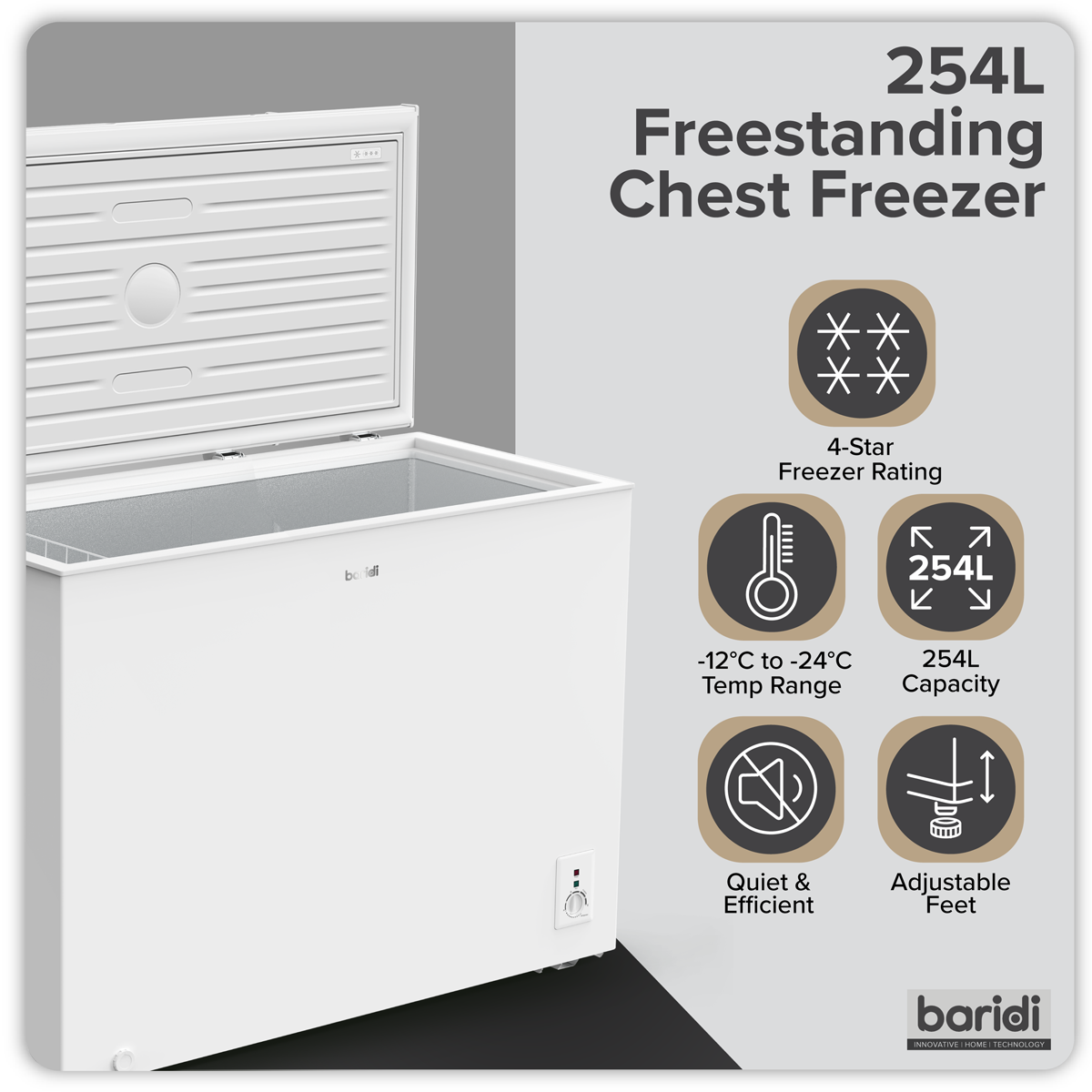 Baridi DH258 Baridi Freestanding Chest Freezer 254L Capacity - White