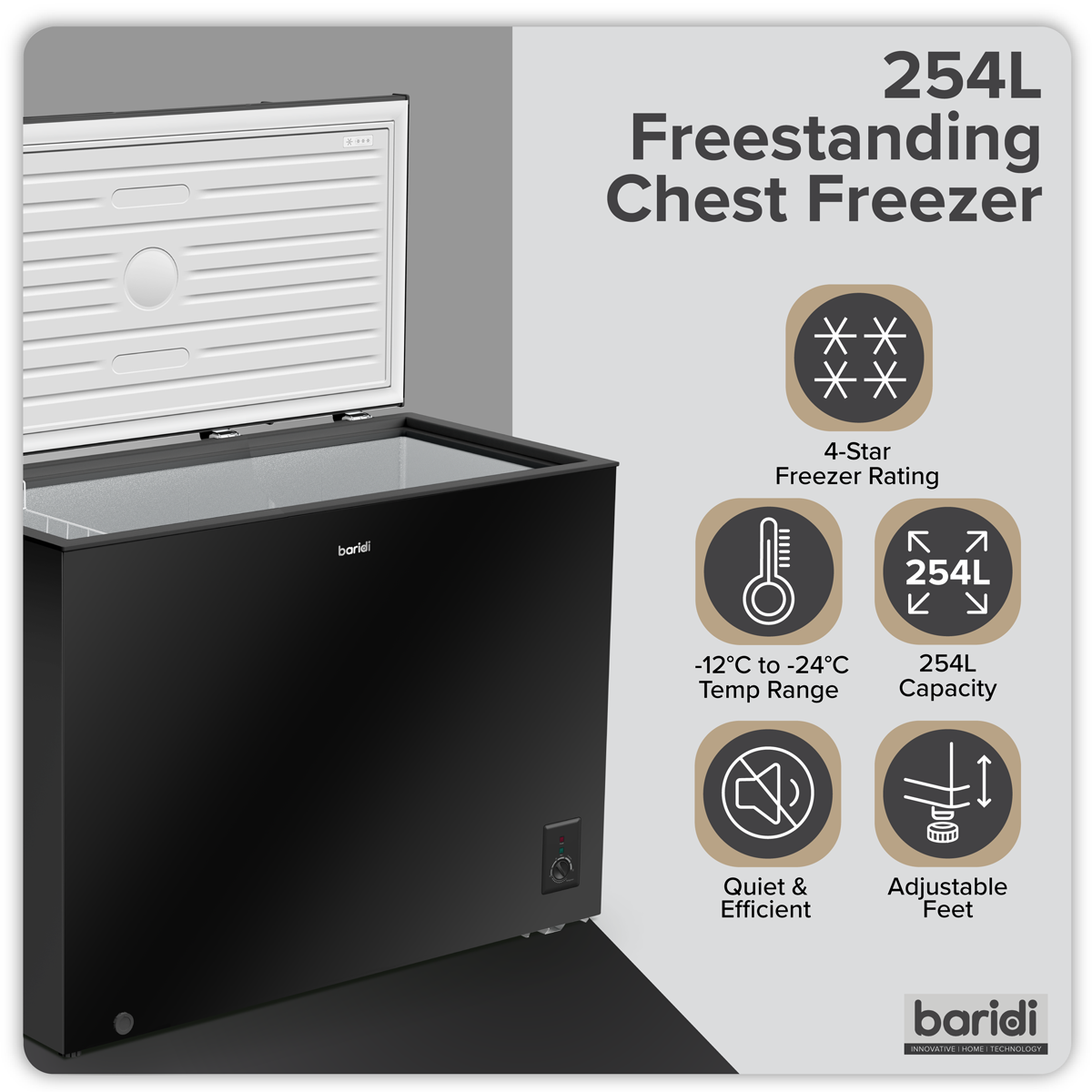 Baridi DH259 Baridi Freestanding Chest Freezer 254L Capacity - Black