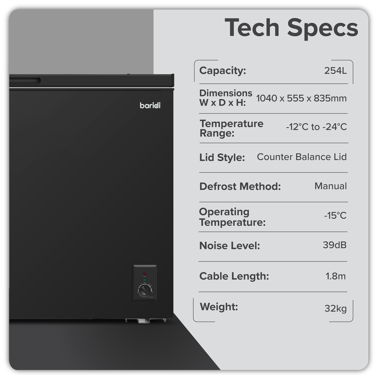 Baridi DH259 Baridi Freestanding Chest Freezer 254L Capacity - Black