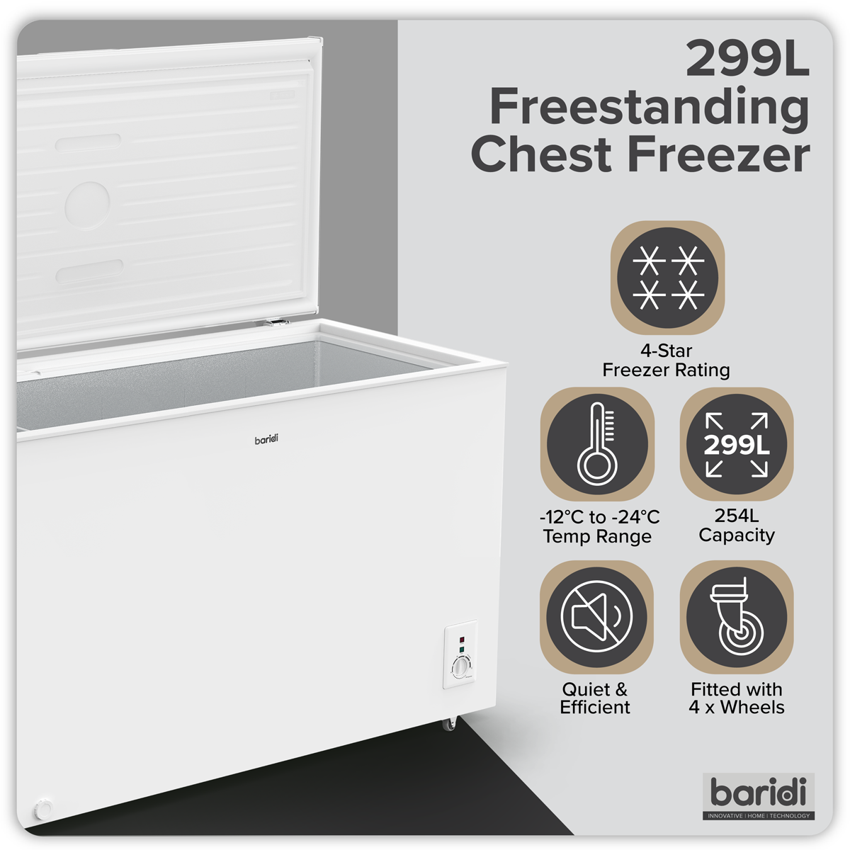 Baridi DH260 Baridi Freestanding Chest Freezer 299L Capacity - White