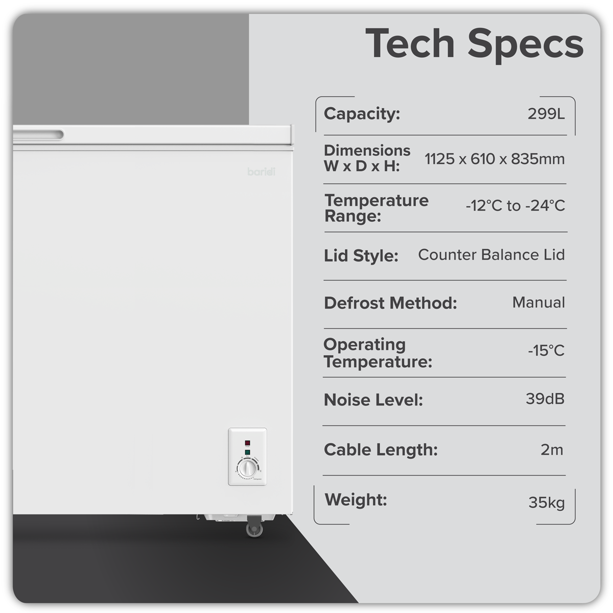 Baridi DH260 Baridi Freestanding Chest Freezer 299L Capacity - White