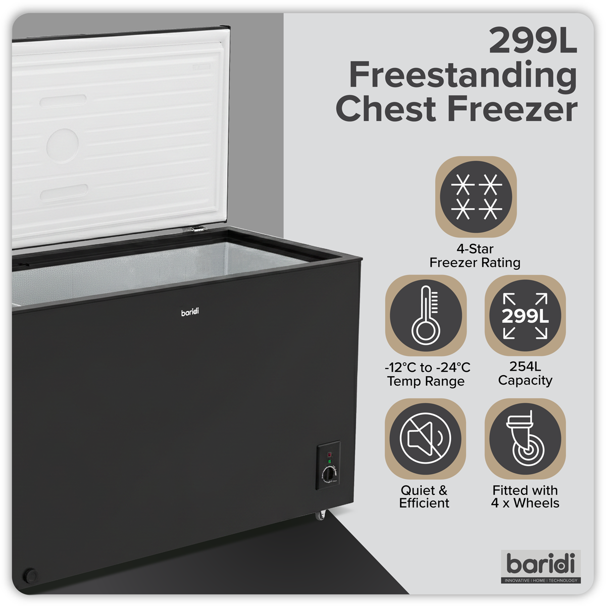 Baridi DH261 Baridi Freestanding Chest Freezer 299L Capacity - Black