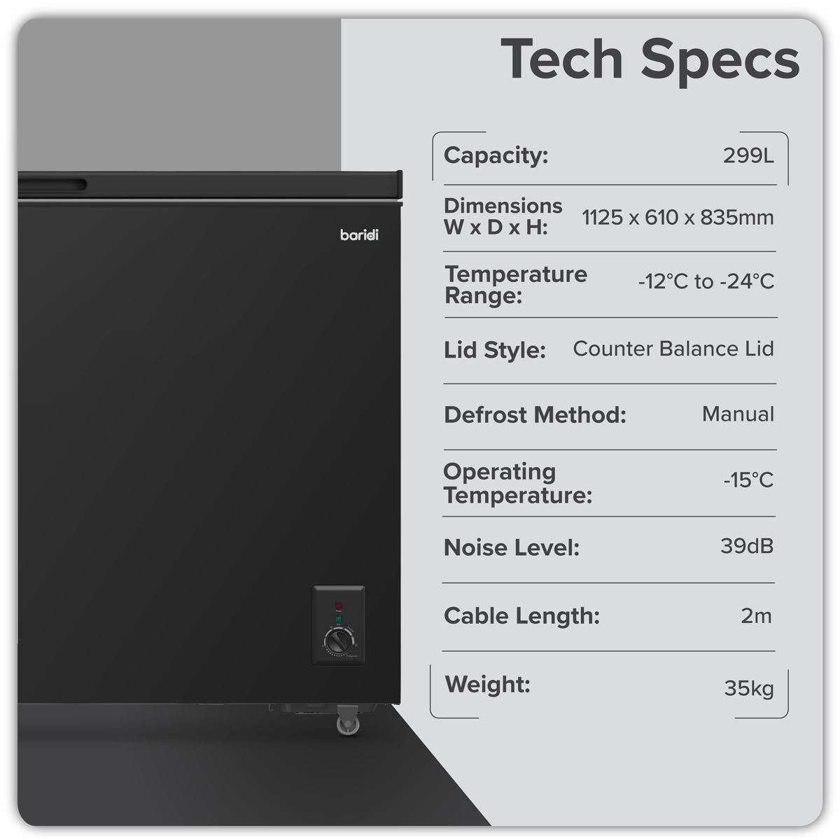Baridi DH261 Baridi Freestanding Chest Freezer 299L Capacity - Black