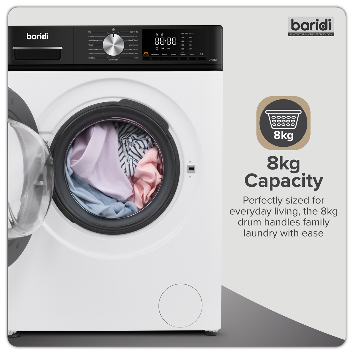 Baridi DH262 8kg Washing Machine, Front Loading, 1400rpm Energy Rating A – White