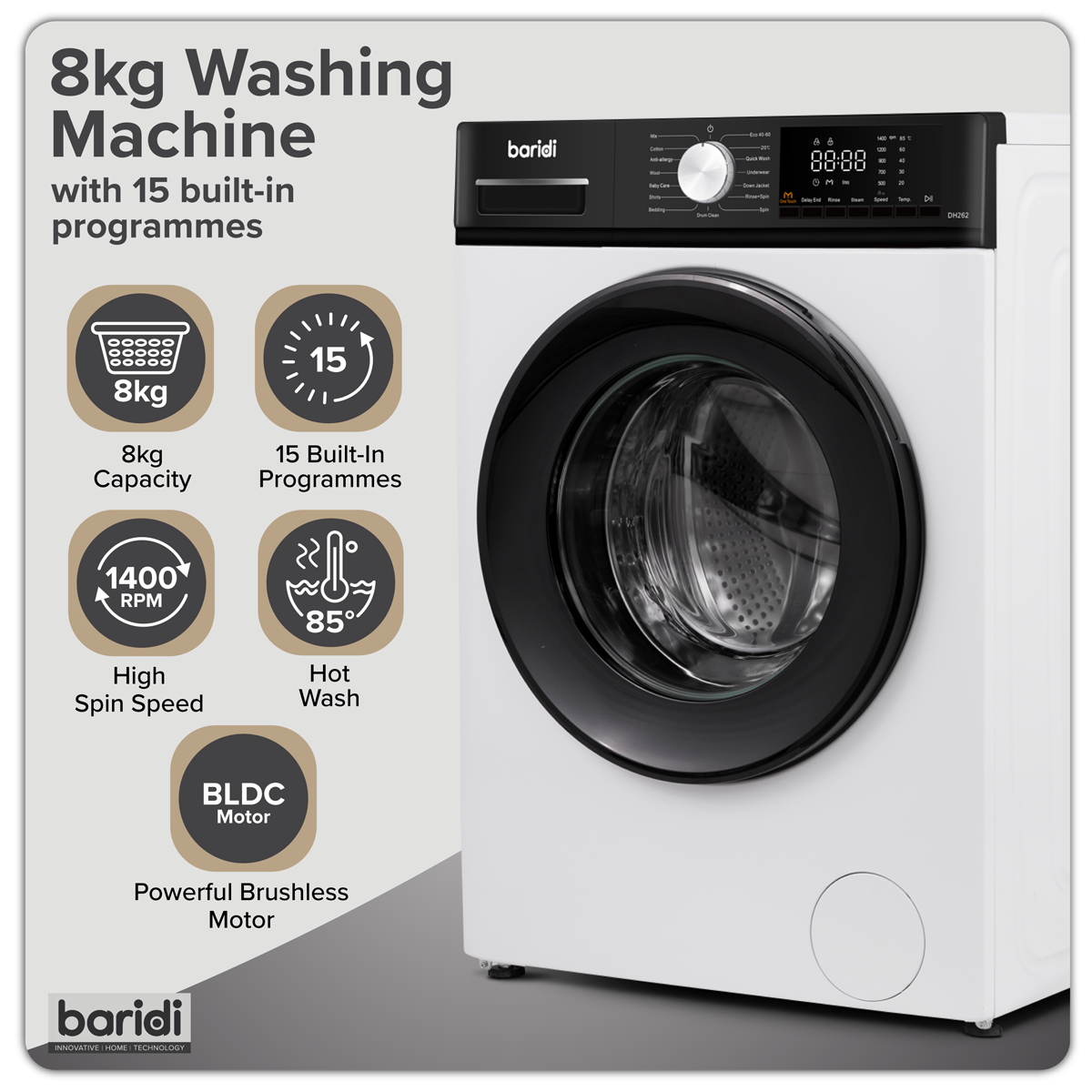 Baridi DH262 8kg Washing Machine, Front Loading, 1400rpm Energy Rating A – White