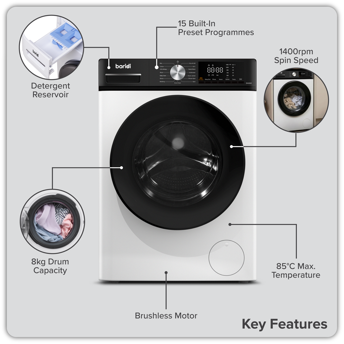 Baridi DH262 8kg Washing Machine, Front Loading, 1400rpm Energy Rating A – White