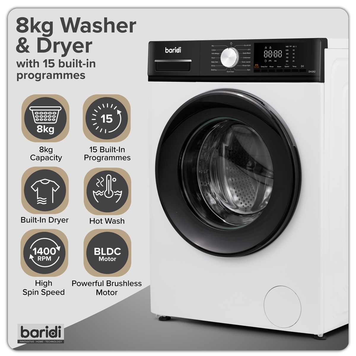 Baridi DH263 8/5kg Washer Dryer, Front Loading, 1400rpm Energy Rating A – White