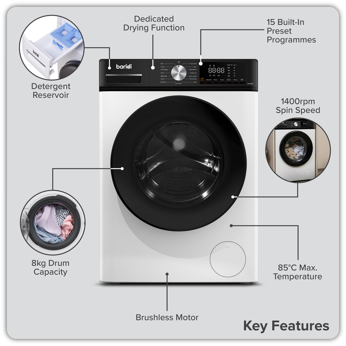 Baridi DH263 8/5kg Washer Dryer, Front Loading, 1400rpm Energy Rating A – White