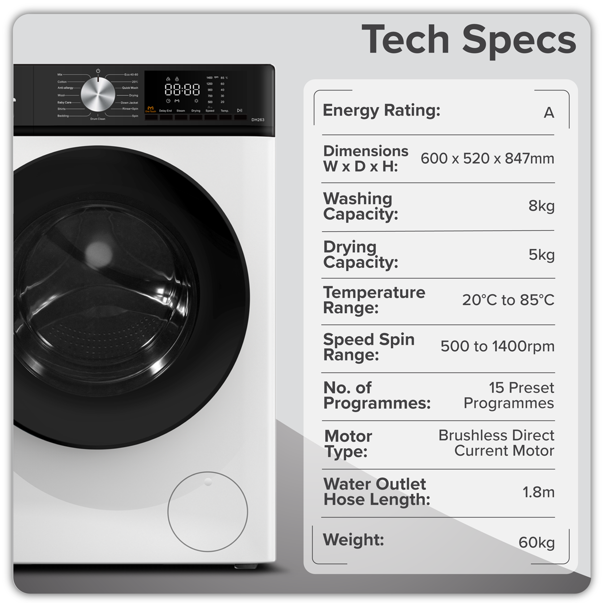 Baridi DH263 8/5kg Washer Dryer, Front Loading, 1400rpm Energy Rating A – White