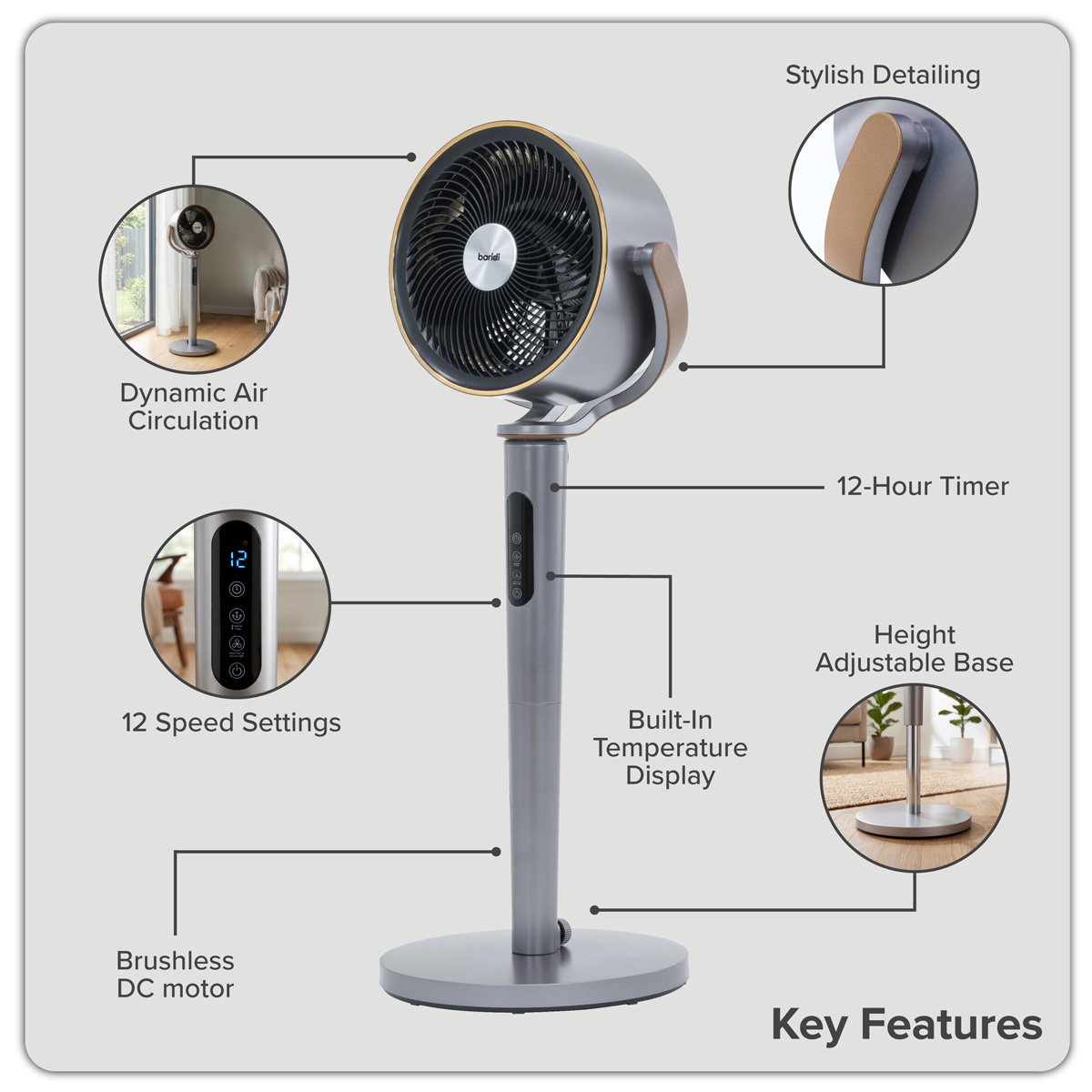 Baridi DH264 Baridi 12" Pedestal Fan with Remote Control, Back Light & 12hr Timer - Grey