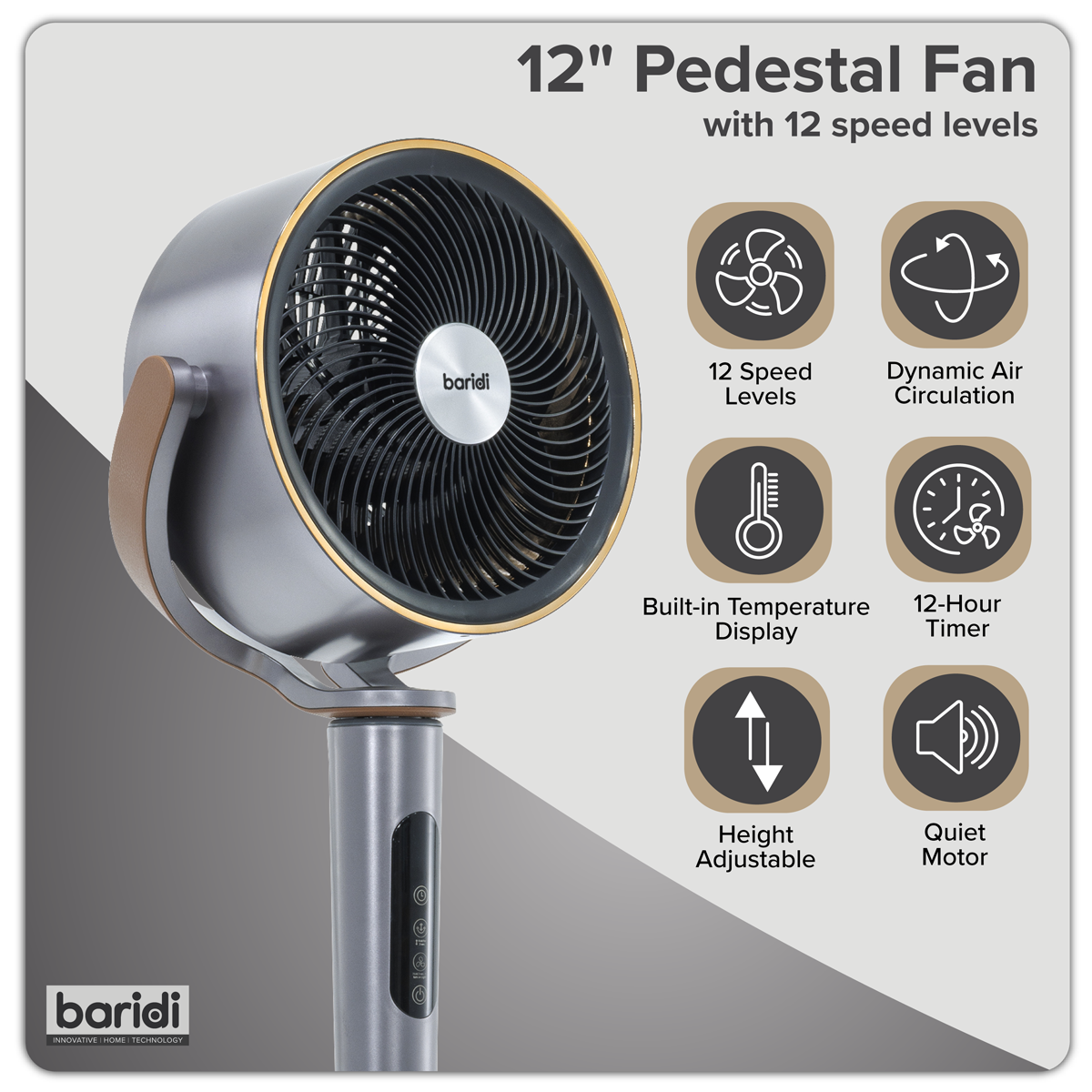 Baridi DH264 Baridi 12" Pedestal Fan with Remote Control, Back Light & 12hr Timer - Grey