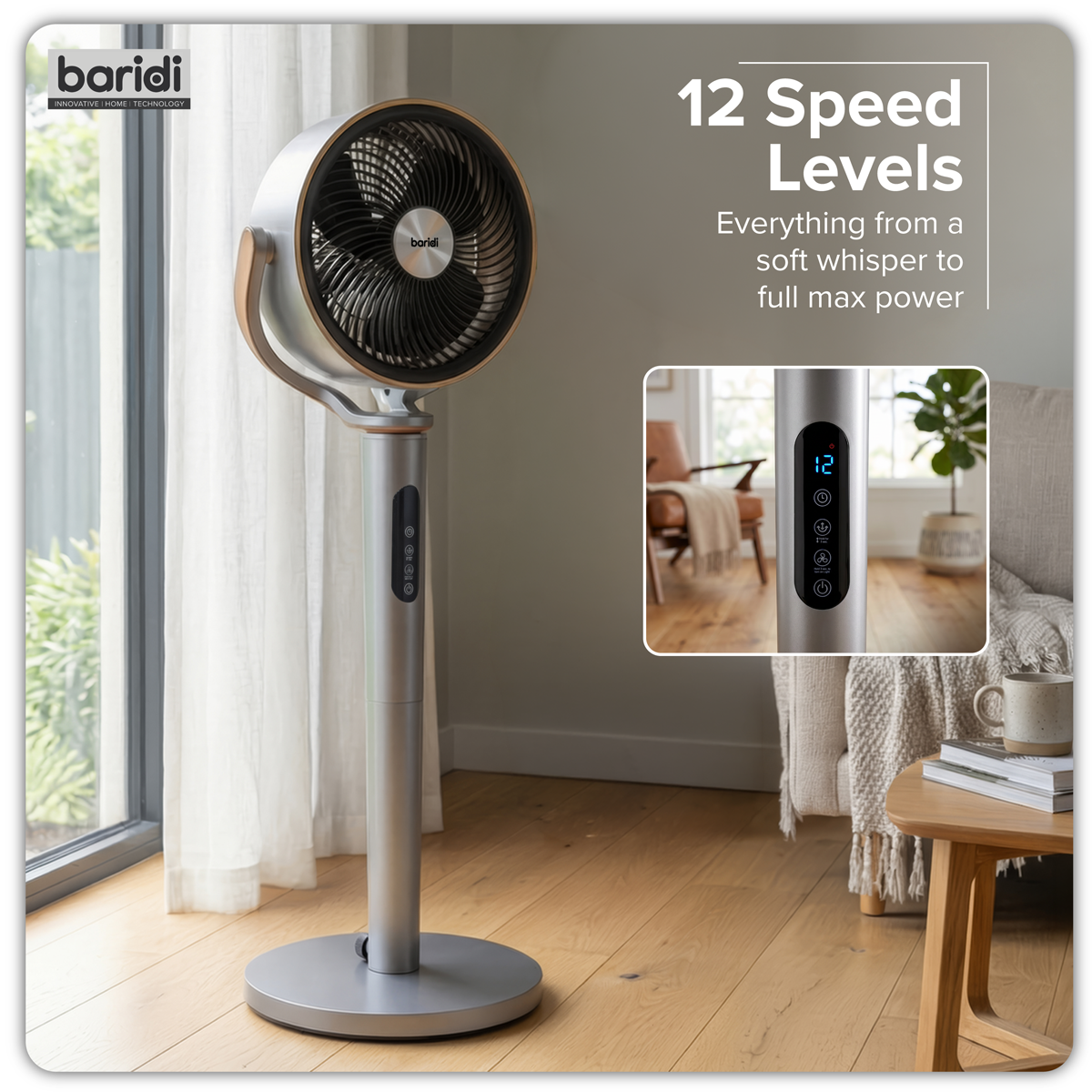 Baridi DH264 Baridi 12" Pedestal Fan with Remote Control, Back Light & 12hr Timer - Grey