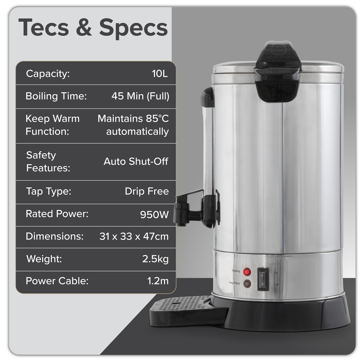 Baridi DH269 Baridi Hot Water Boiler/Tea Urn 10L Capacity, Stainless Steel
