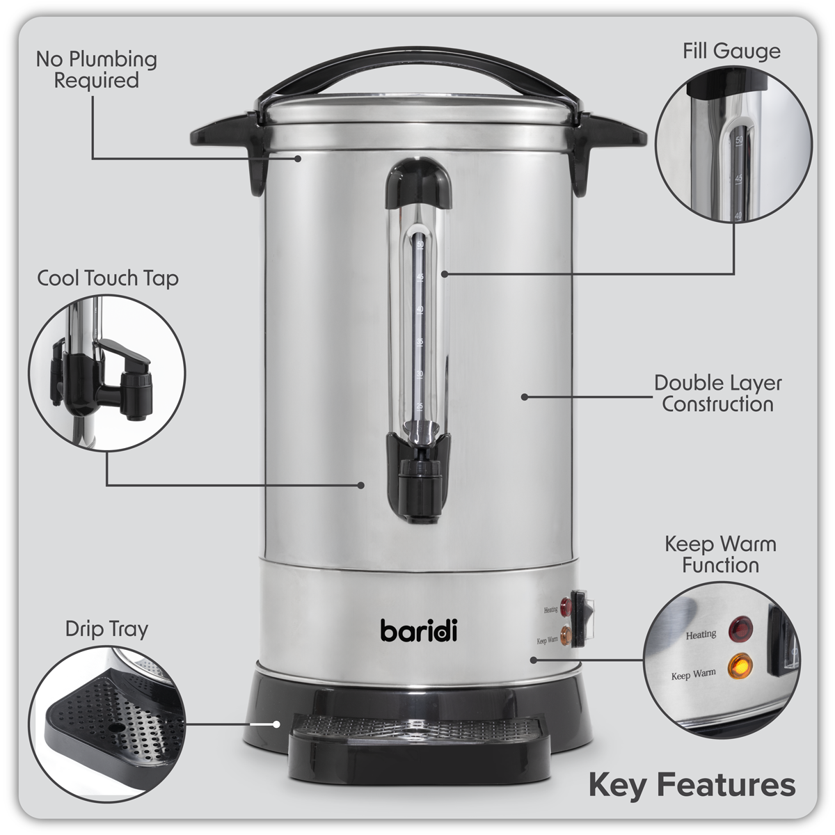 Baridi DH269 Baridi Hot Water Boiler/Tea Urn 10L Capacity, Stainless Steel