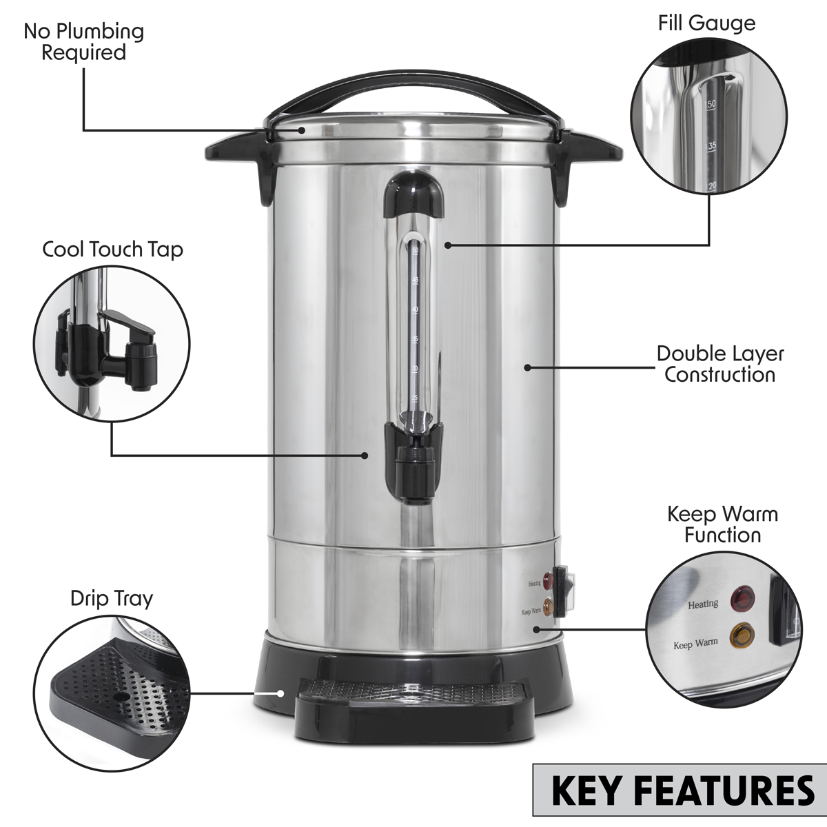 Baridi DH270 Baridi Hot Water Boiler, Tea Urn, 20L Capacity, Stainless Steel