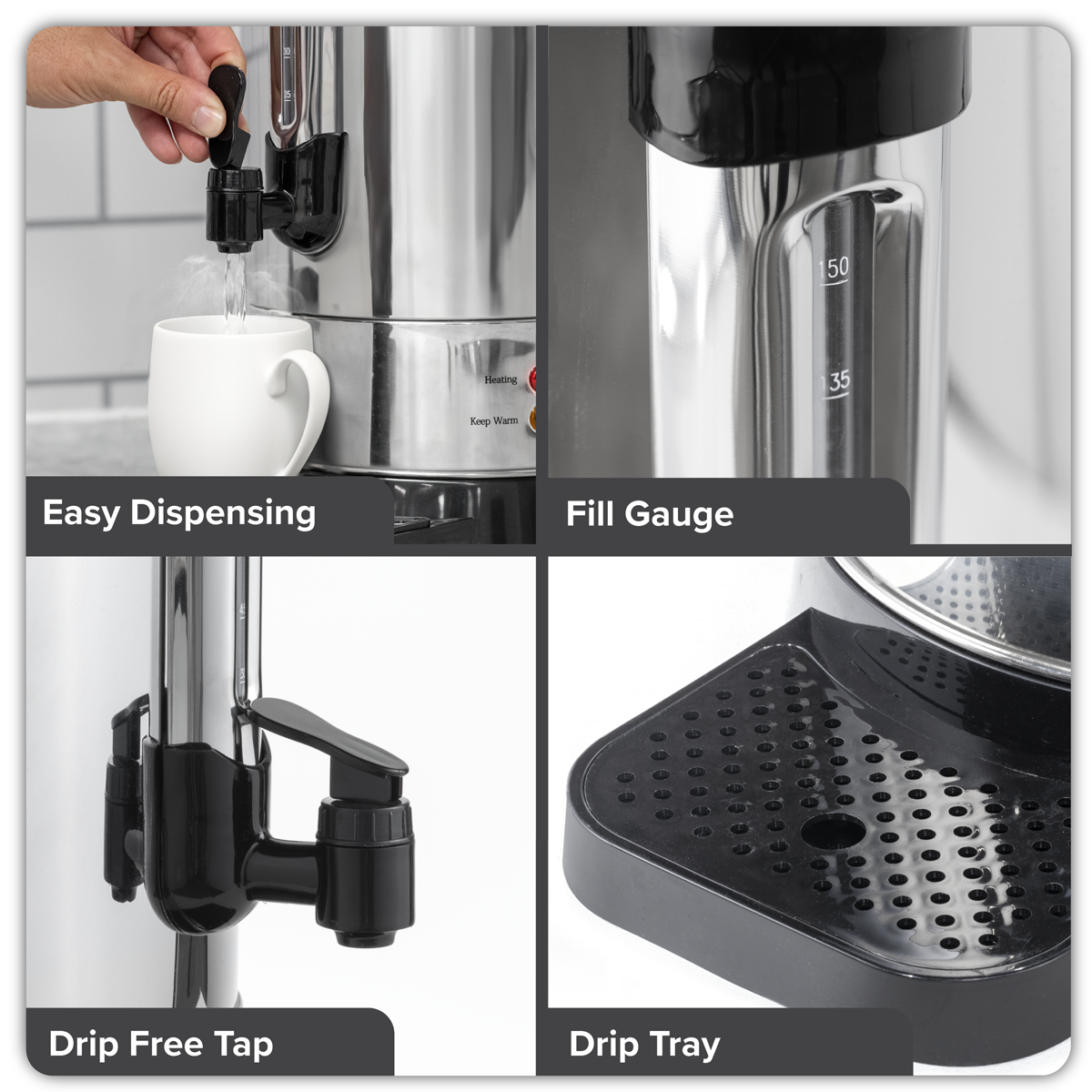 Baridi DH270 Baridi Hot Water Boiler, Tea Urn, 20L Capacity, Stainless Steel