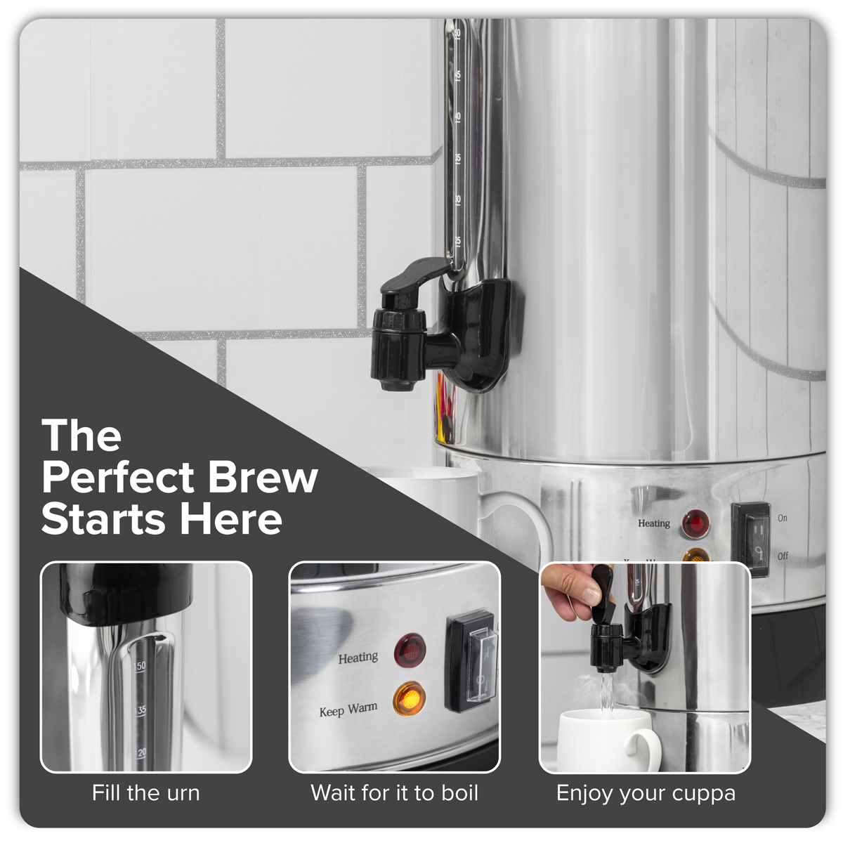 Baridi DH270 Baridi Hot Water Boiler, Tea Urn, 20L Capacity, Stainless Steel