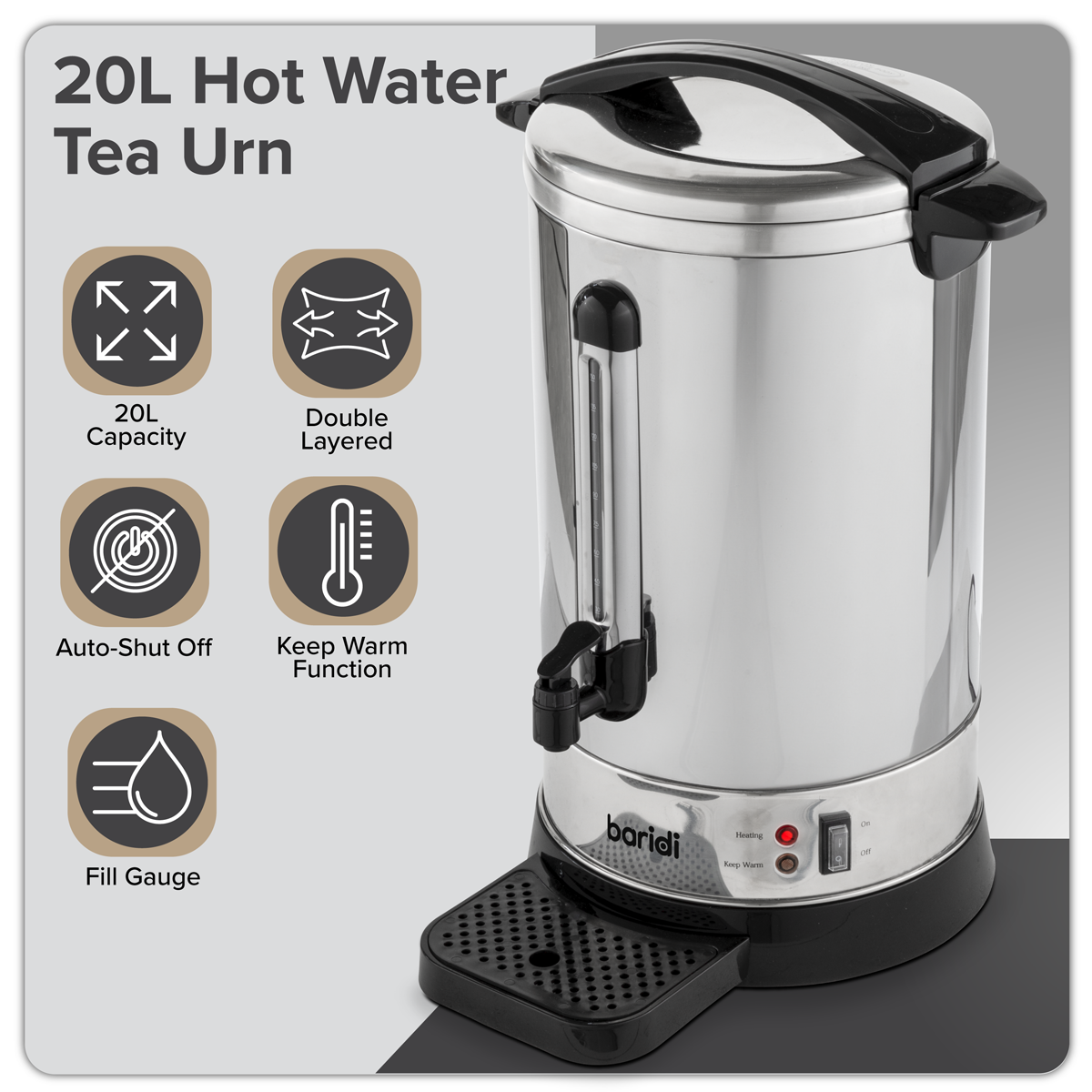 Baridi DH270 Baridi Hot Water Boiler, Tea Urn, 20L Capacity, Stainless Steel
