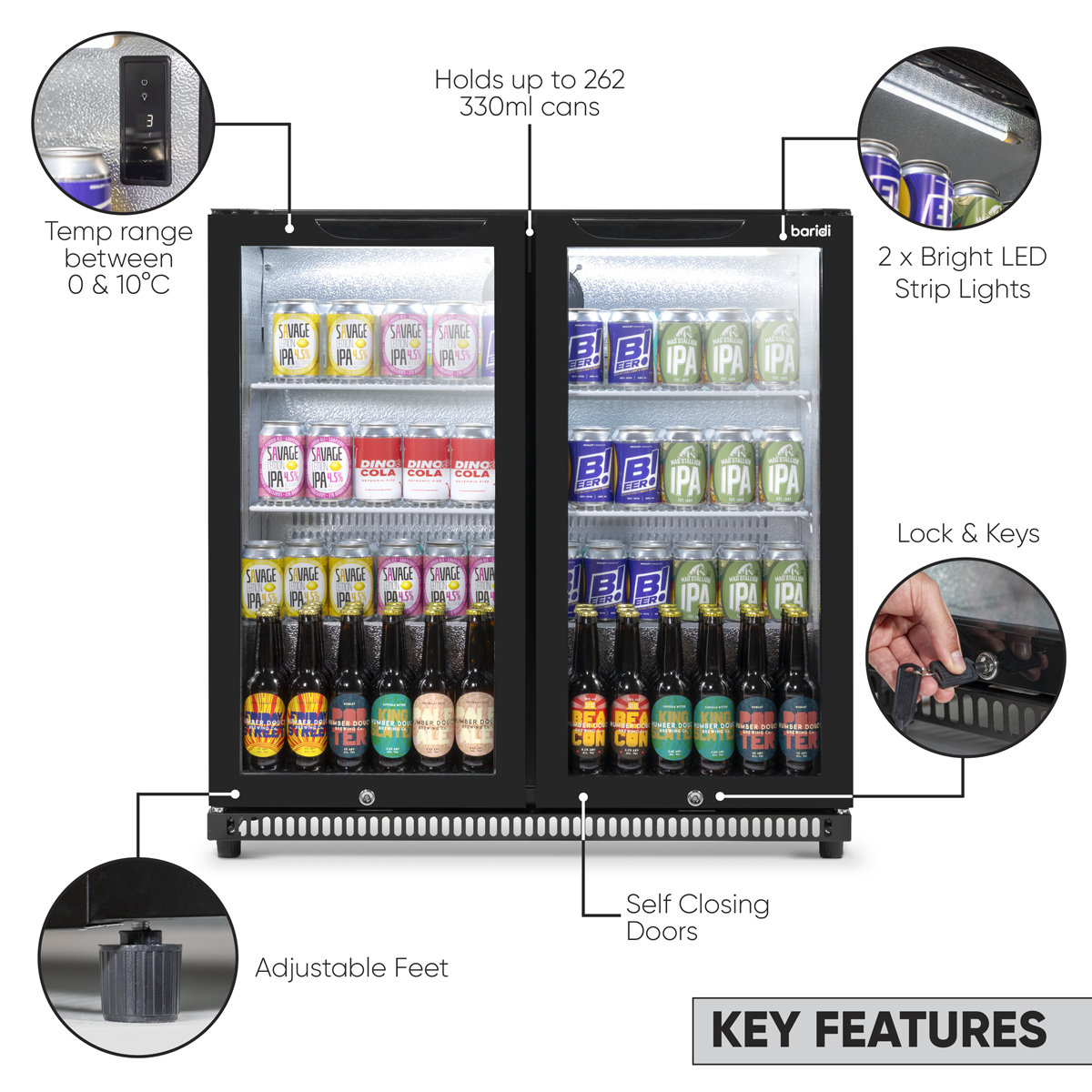 Baridi DH272 Baridi Back Bar Drinks Fridge/Cooler with Double Hinged Door & Security Lock 190L - Black
