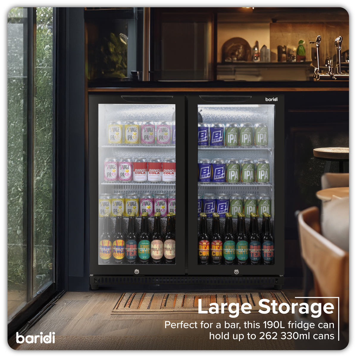 Baridi DH272 Baridi Back Bar Drinks Fridge/Cooler with Double Hinged Door & Security Lock 190L - Black