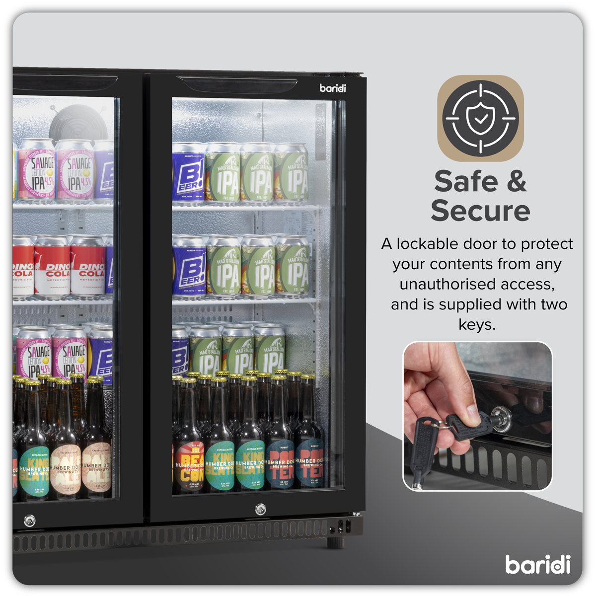 Baridi DH272 Baridi Back Bar Drinks Fridge/Cooler with Double Hinged Door & Security Lock 190L - Black