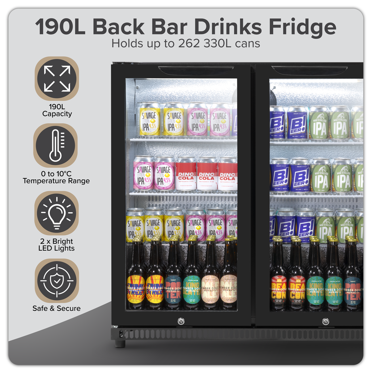 Baridi DH272 Baridi Back Bar Drinks Fridge/Cooler with Double Hinged Door & Security Lock 190L - Black