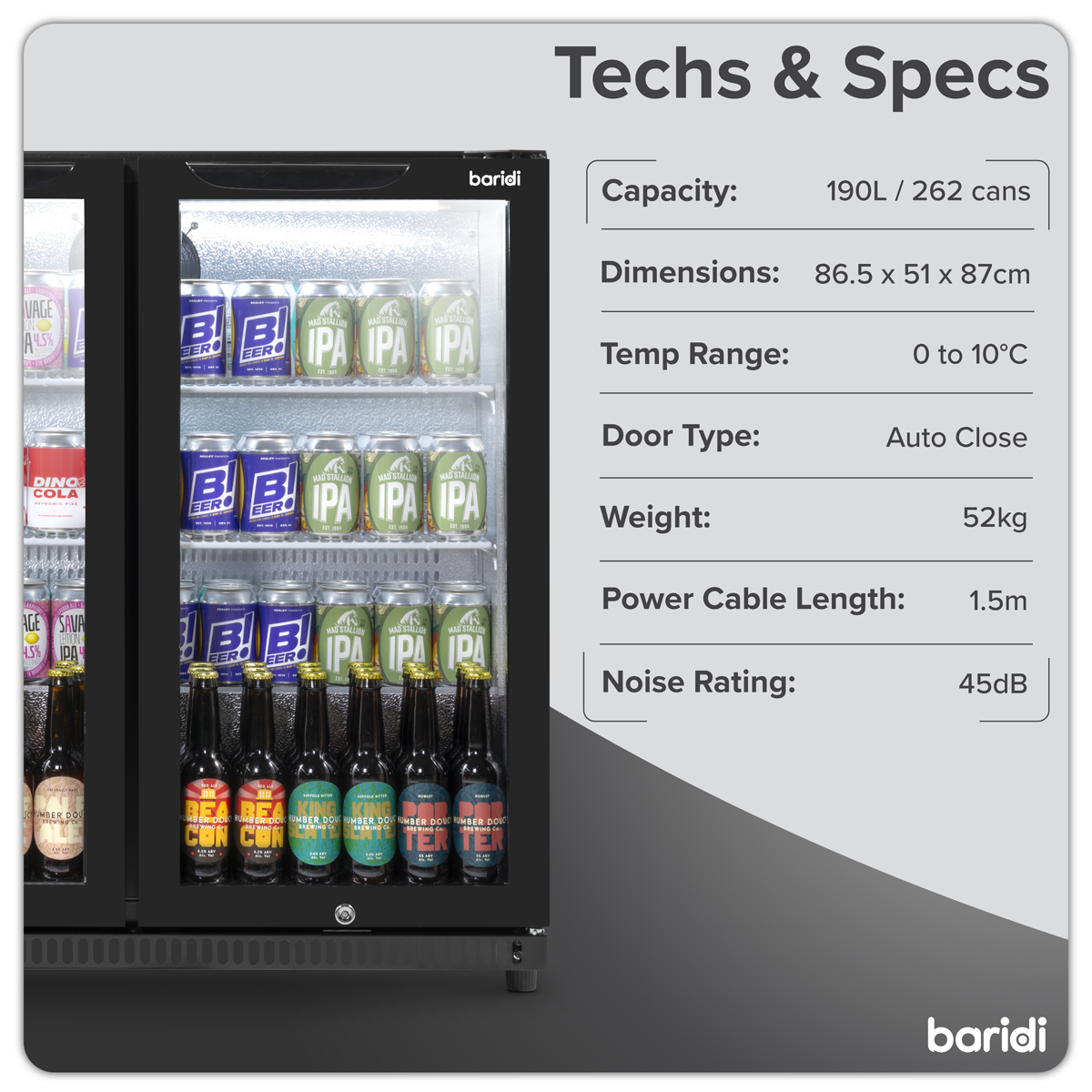 Baridi DH272 Baridi Back Bar Drinks Fridge/Cooler with Double Hinged Door & Security Lock 190L - Black