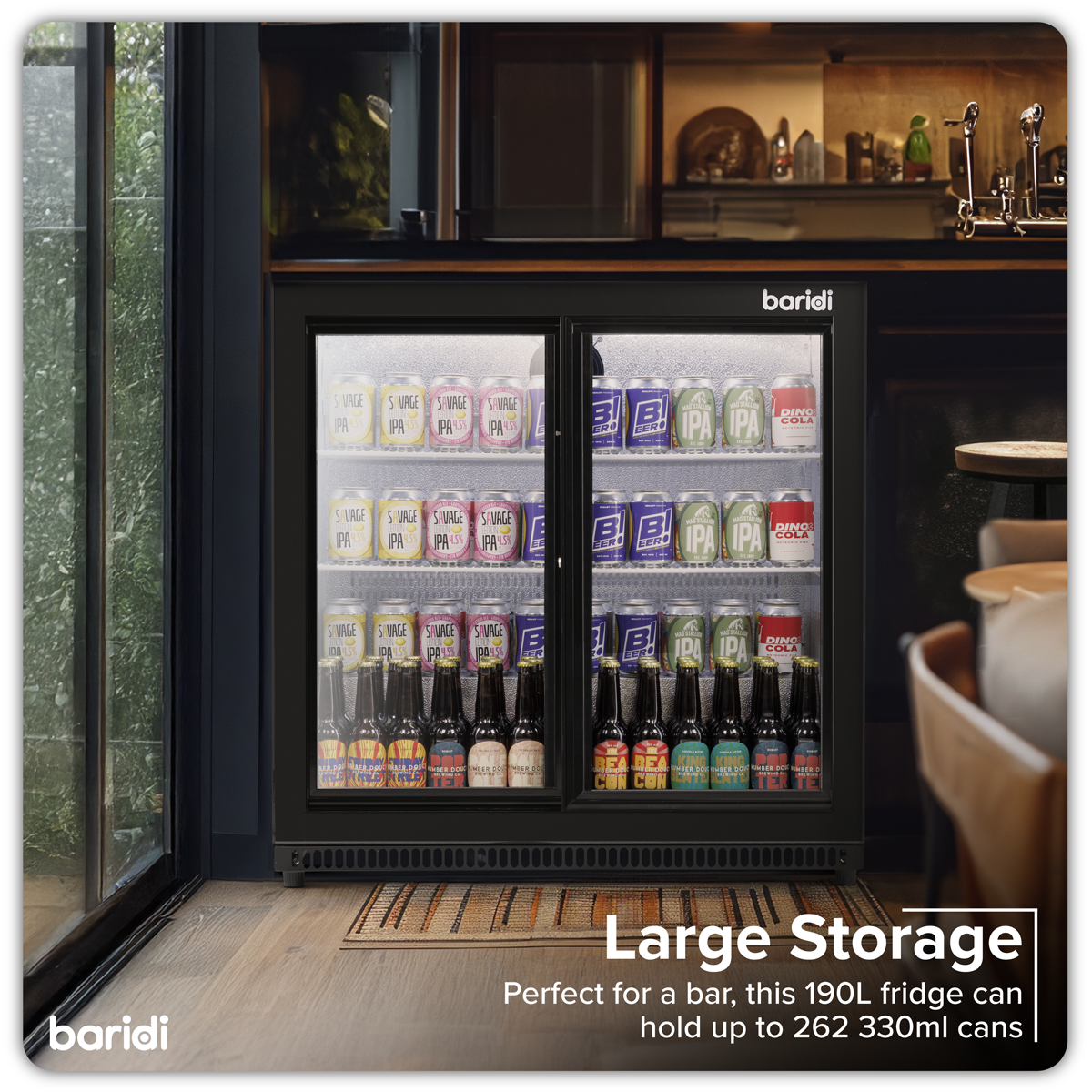 Baridi DH273 Baridi Back Bar Drinks Fridge/Cooler with Double Sliding Door & Security Lock 190L - Black