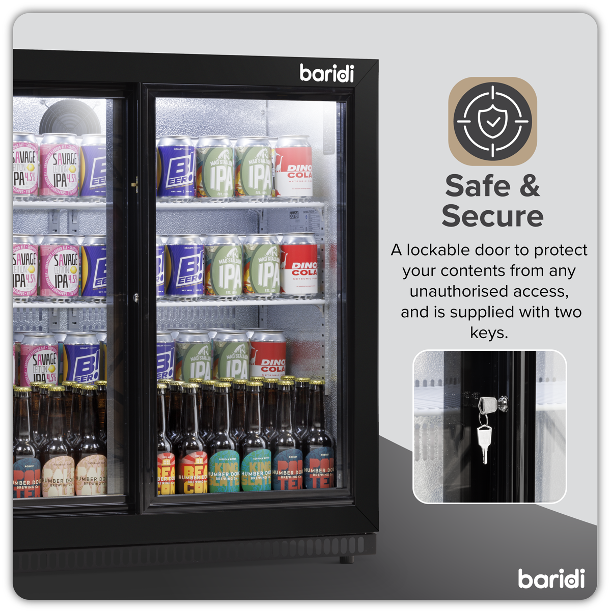 Baridi DH273 Baridi Back Bar Drinks Fridge/Cooler with Double Sliding Door & Security Lock 190L - Black
