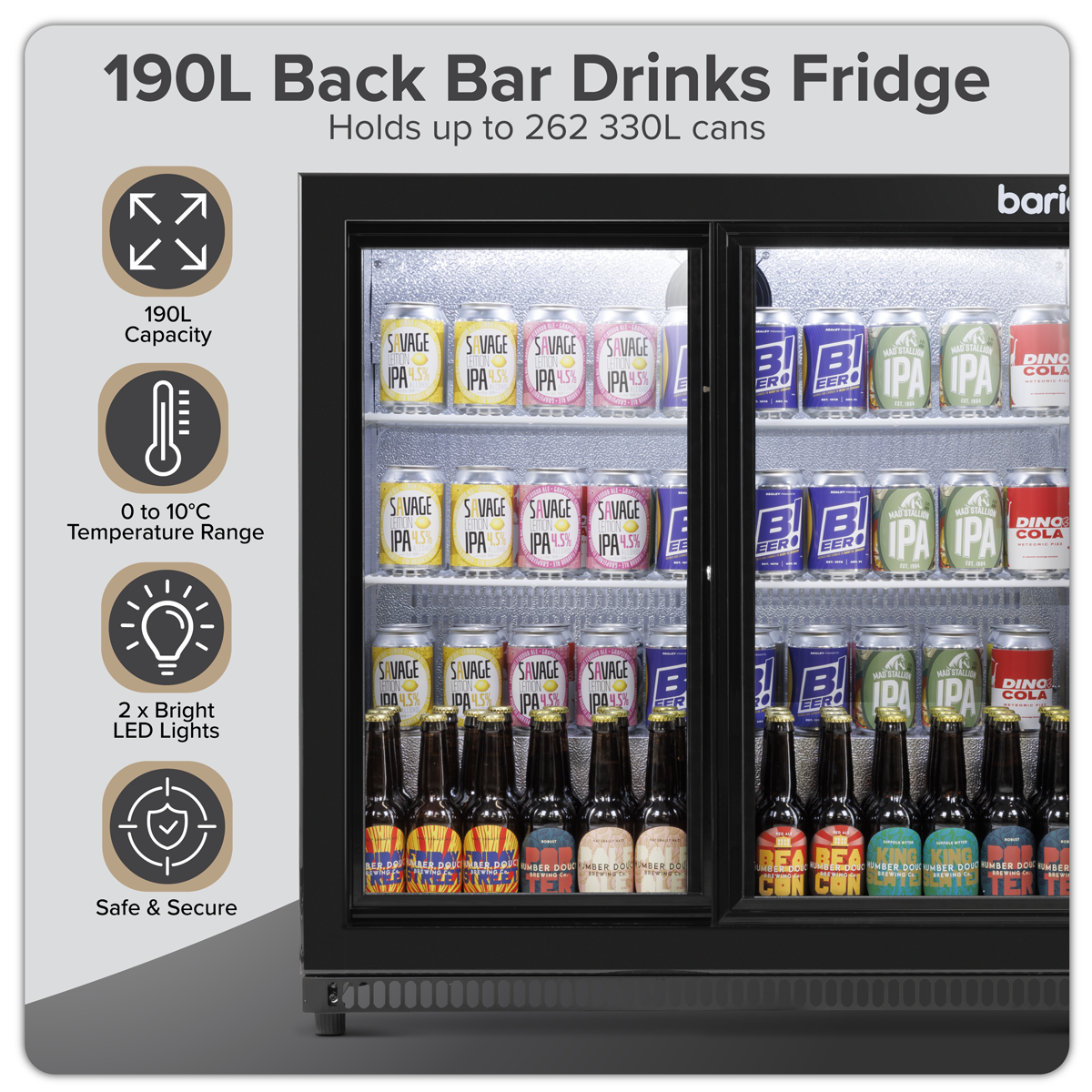 Baridi DH273 Baridi Back Bar Drinks Fridge/Cooler with Double Sliding Door & Security Lock 190L - Black
