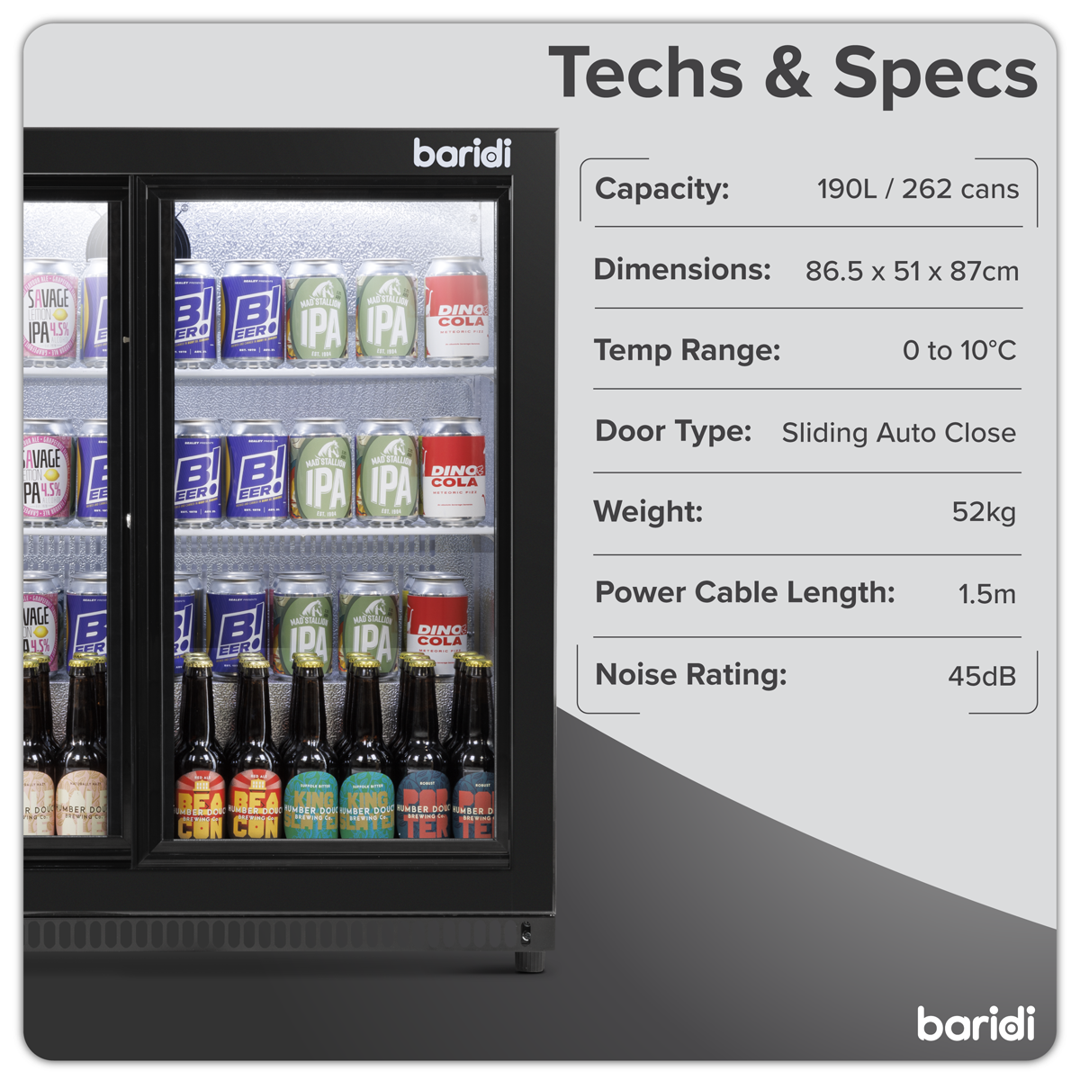Baridi DH273 Baridi Back Bar Drinks Fridge/Cooler with Double Sliding Door & Security Lock 190L - Black