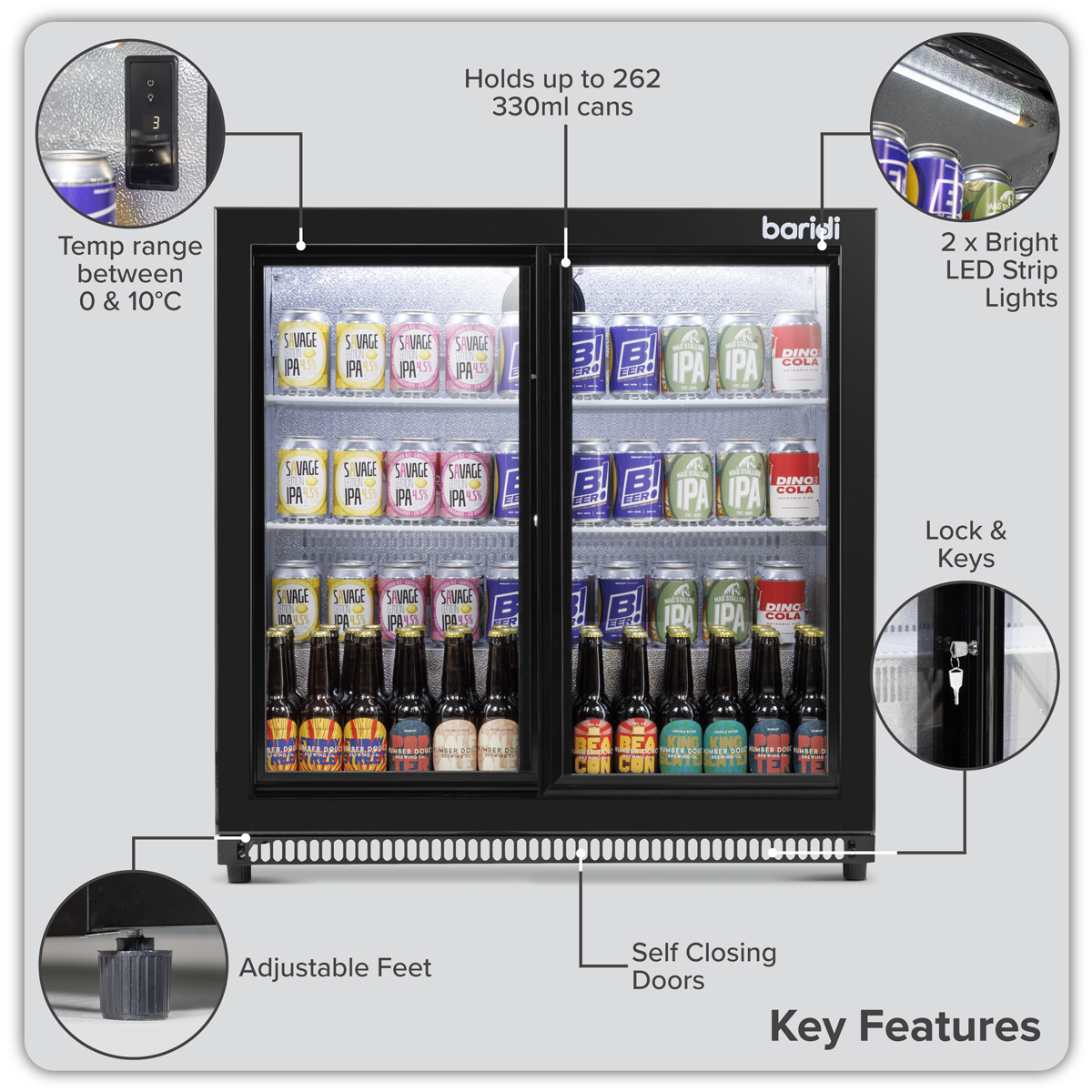 Baridi DH273 Baridi Back Bar Drinks Fridge/Cooler with Double Sliding Door & Security Lock 190L - Black