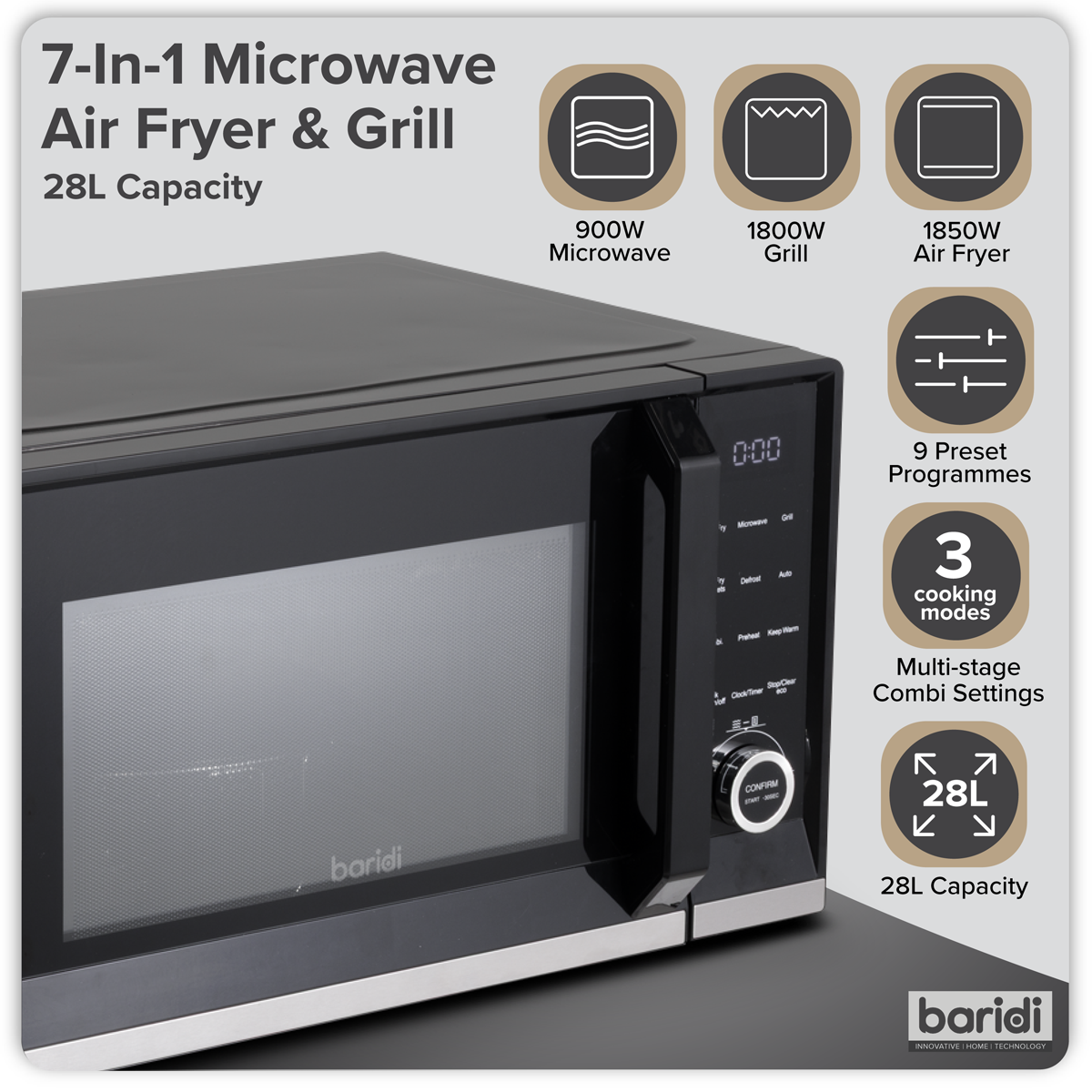 Baridi DH277 Baridi 7-in-1 Air Fryer Microwave & Grill, 28L Capacity - Black