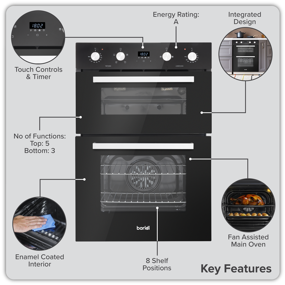 Baridi DH278 Baridi 72cm Built-Under Double Oven, 74L Capacity, Energy Rating A – Black