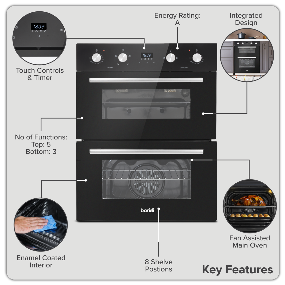 Baridi DH278 Baridi 72cm Built-Under Double Oven, 74L Capacity, Energy Rating A – Black