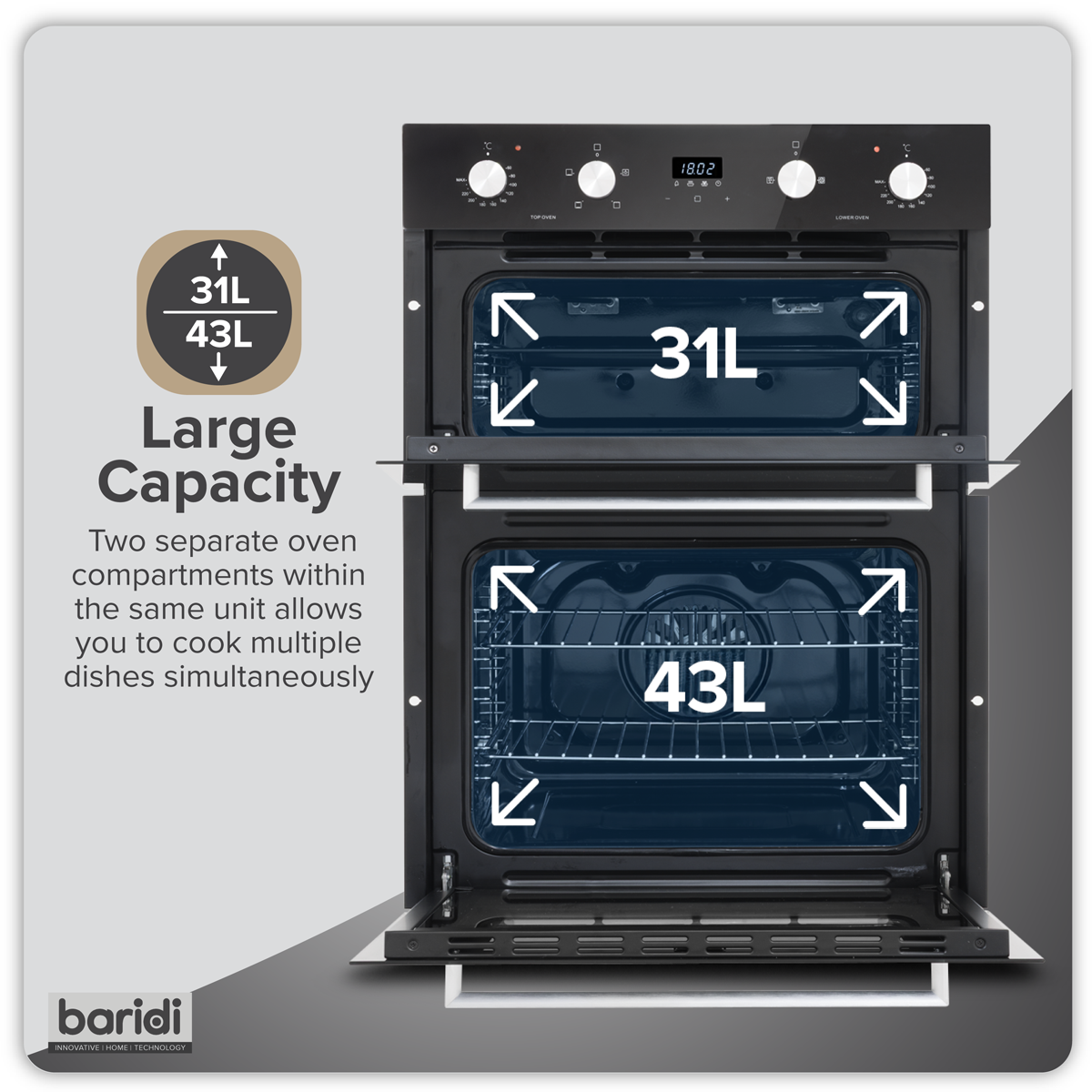 Baridi DH278 Baridi 72cm Built-Under Double Oven, 74L Capacity, Energy Rating A – Black