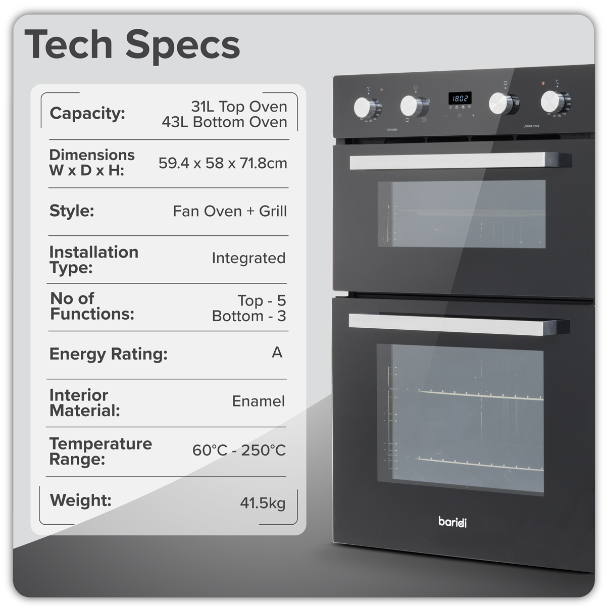 Baridi DH278 Baridi 72cm Built-Under Double Oven, 74L Capacity, Energy Rating A – Black