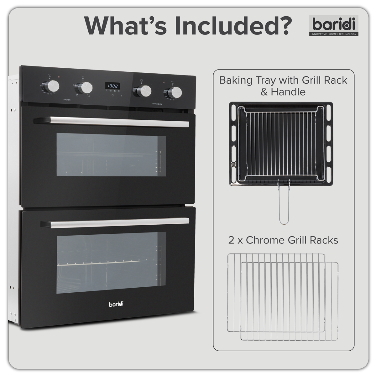 Baridi DH278 Baridi 72cm Built-Under Double Oven, 74L Capacity, Energy Rating A – Black