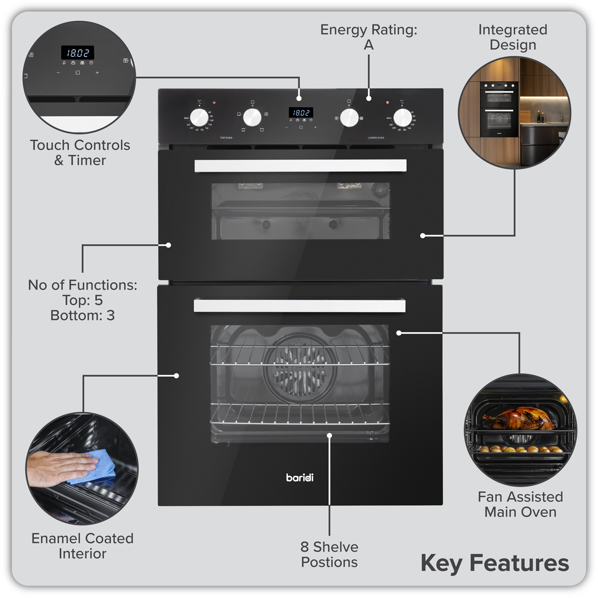 Baridi DH279 Baridi 90cm Built-In Double Oven, 88L Capacity, Energy Rating A - Black