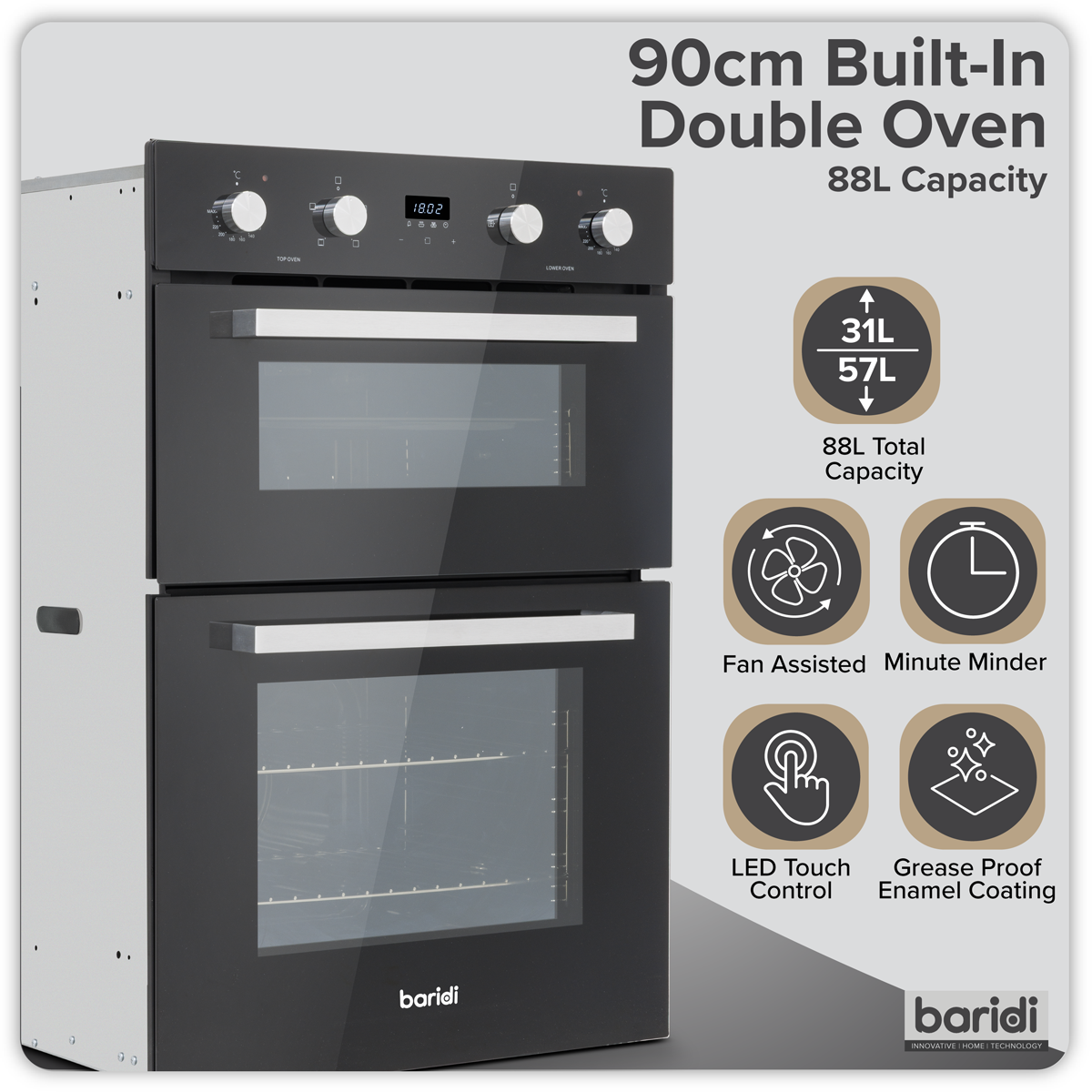 Baridi DH279 Baridi 90cm Built-In Double Oven, 88L Capacity, Energy Rating A - Black