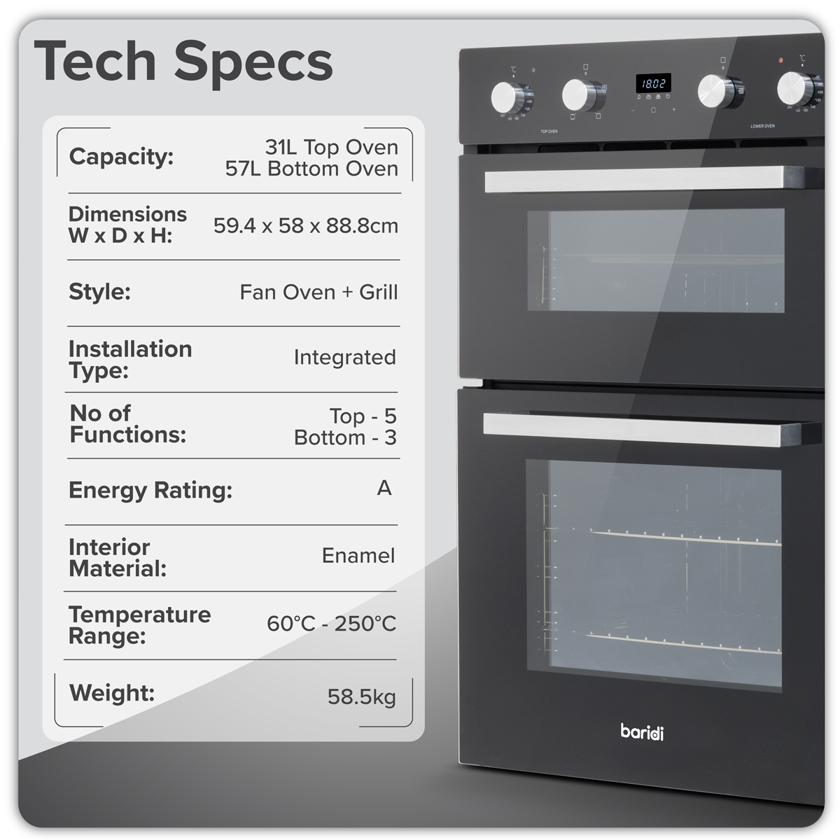 Baridi DH279 Baridi 90cm Built-In Double Oven, 88L Capacity, Energy Rating A - Black