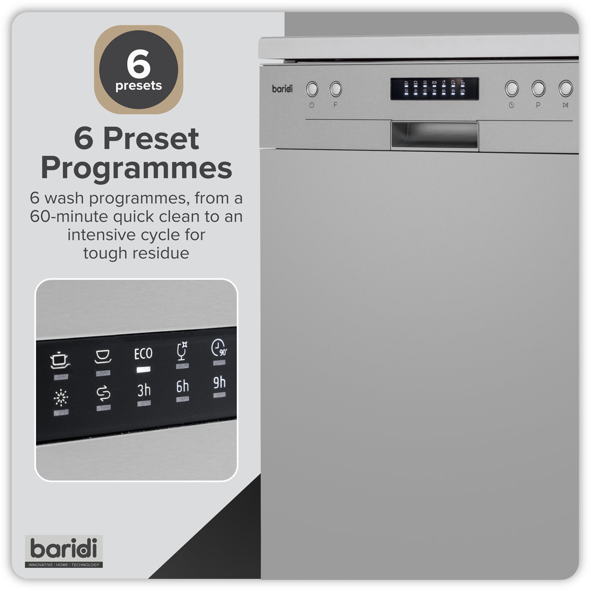 Baridi DH280 Baridi Regular Sized Freestanding Dishwasher 60cm Wide 13 Place Settings - Silver