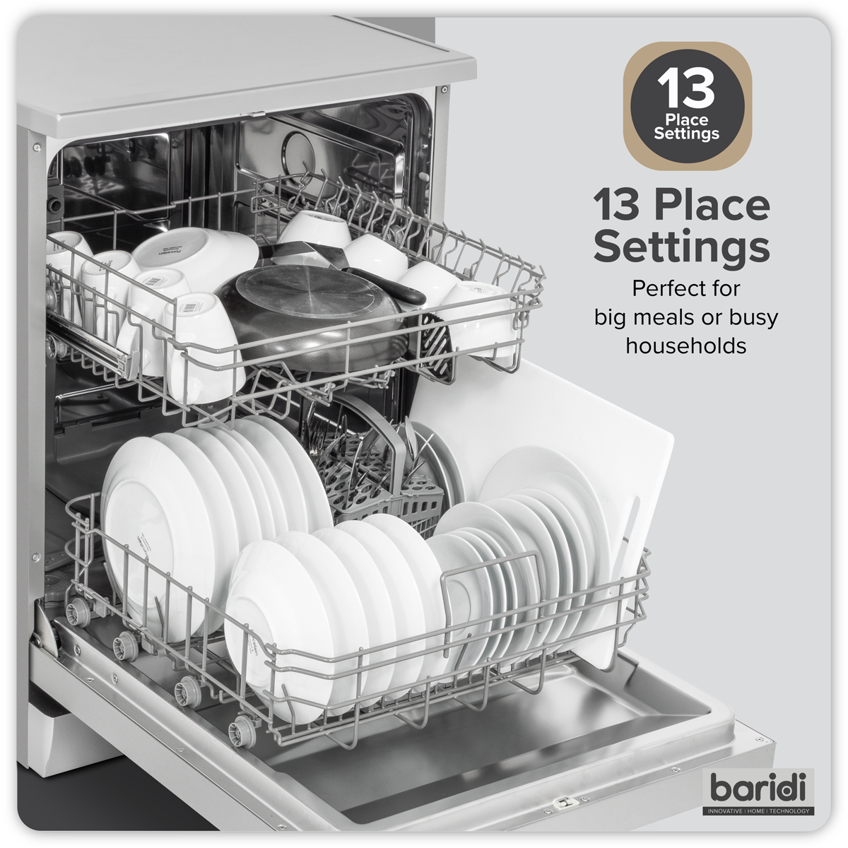 Baridi DH280 Baridi Regular Sized Freestanding Dishwasher 60cm Wide 13 Place Settings - Silver