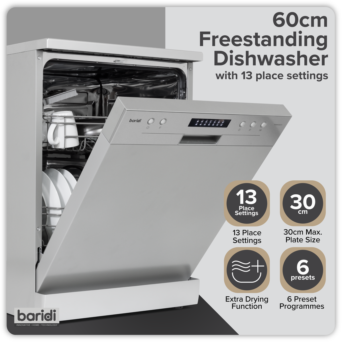 Baridi DH280 Baridi Regular Sized Freestanding Dishwasher 60cm Wide 13 Place Settings - Silver