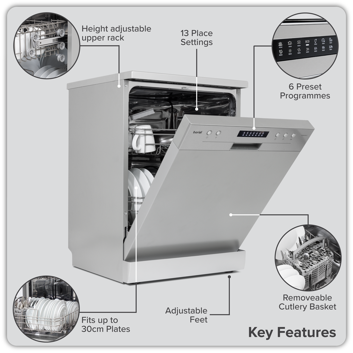 Baridi DH280 Baridi Regular Sized Freestanding Dishwasher 60cm Wide 13 Place Settings - Silver