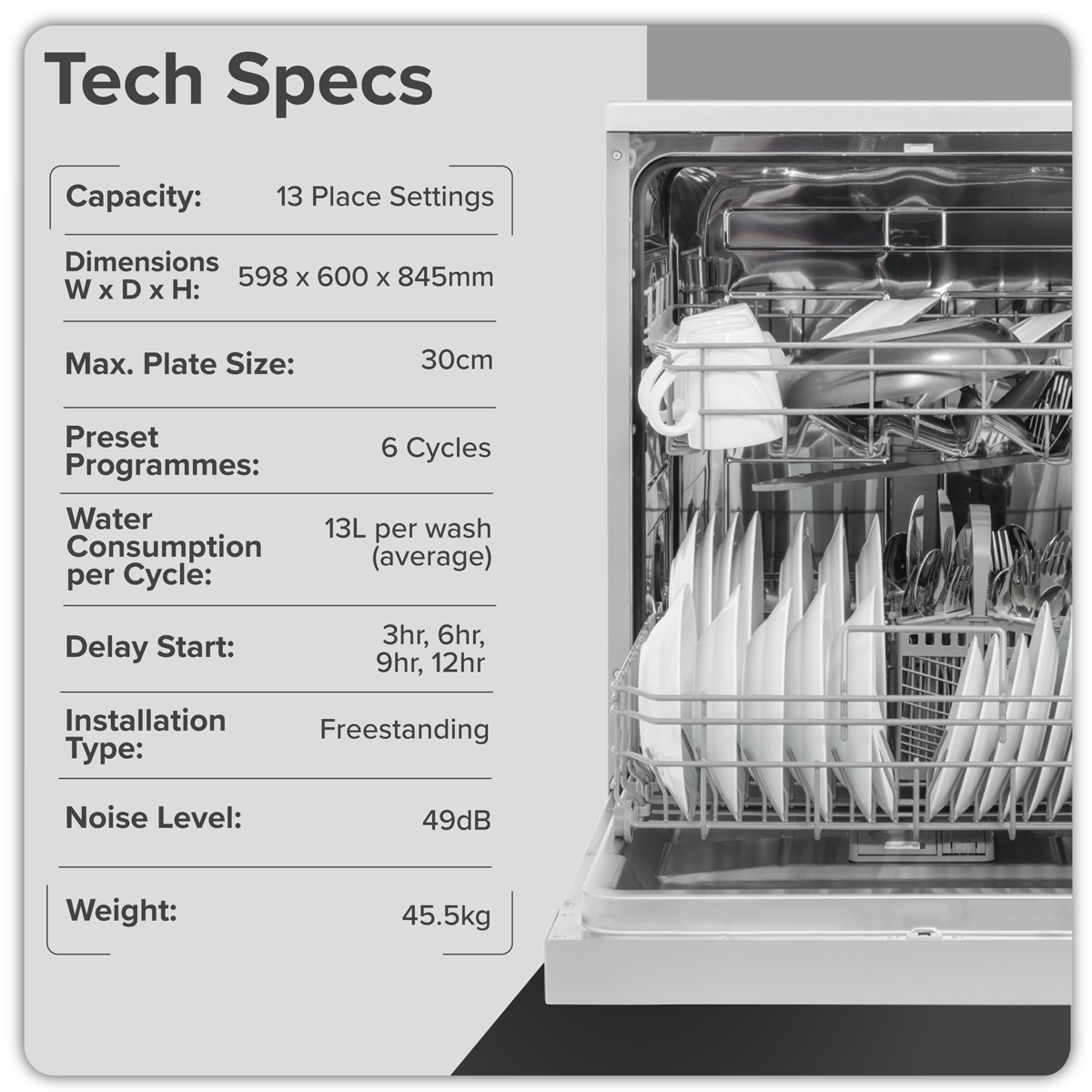 Baridi DH280 Baridi Regular Sized Freestanding Dishwasher 60cm Wide 13 Place Settings - Silver