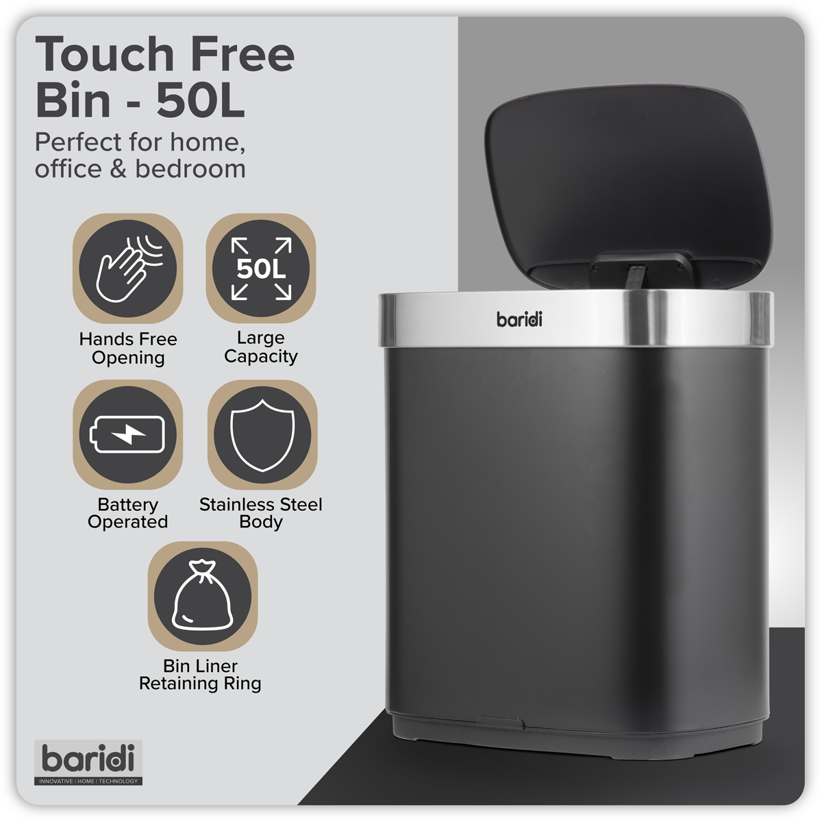 Baridi DH281 Baridi Sensor Bin 50L - Black/Stainless Steel