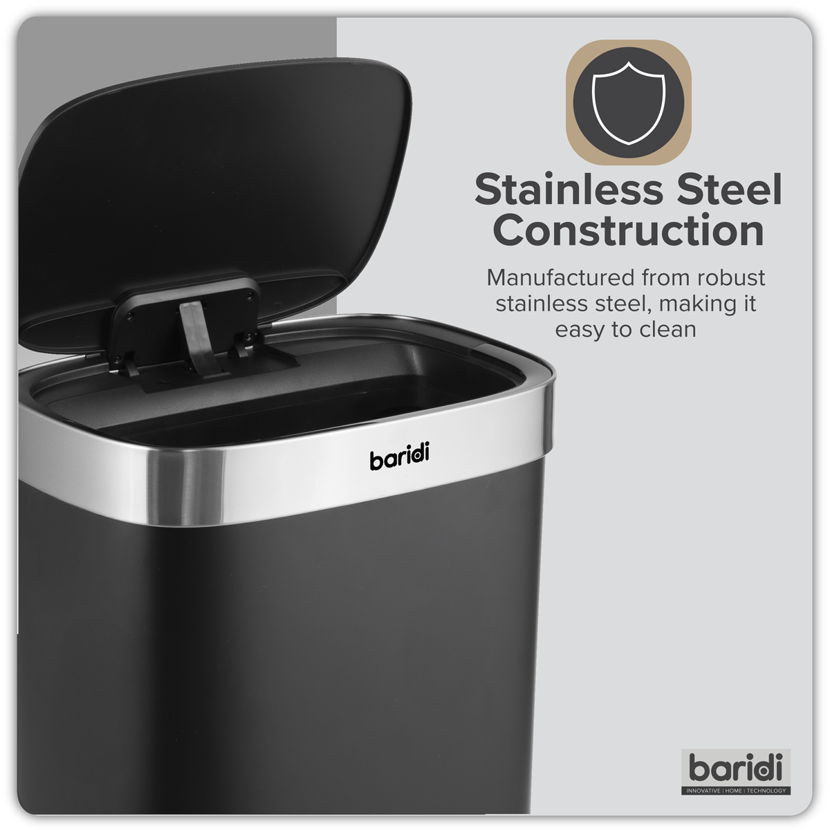 Baridi DH282 Baridi Sensor Bin 65L - Black/Stainless Steel