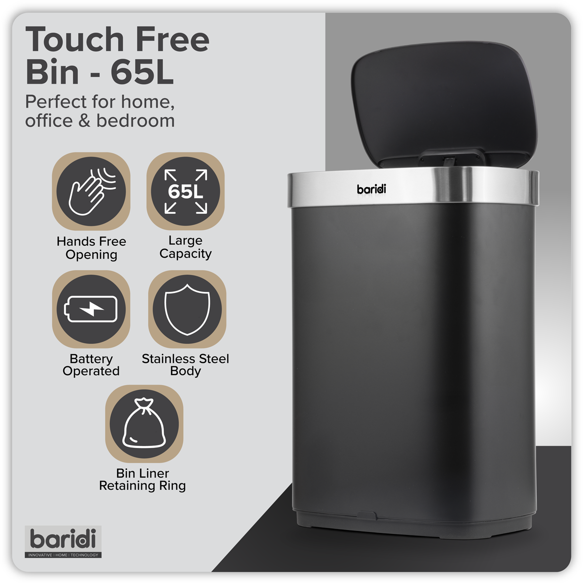 Baridi DH282 Baridi Sensor Bin 65L - Black/Stainless Steel